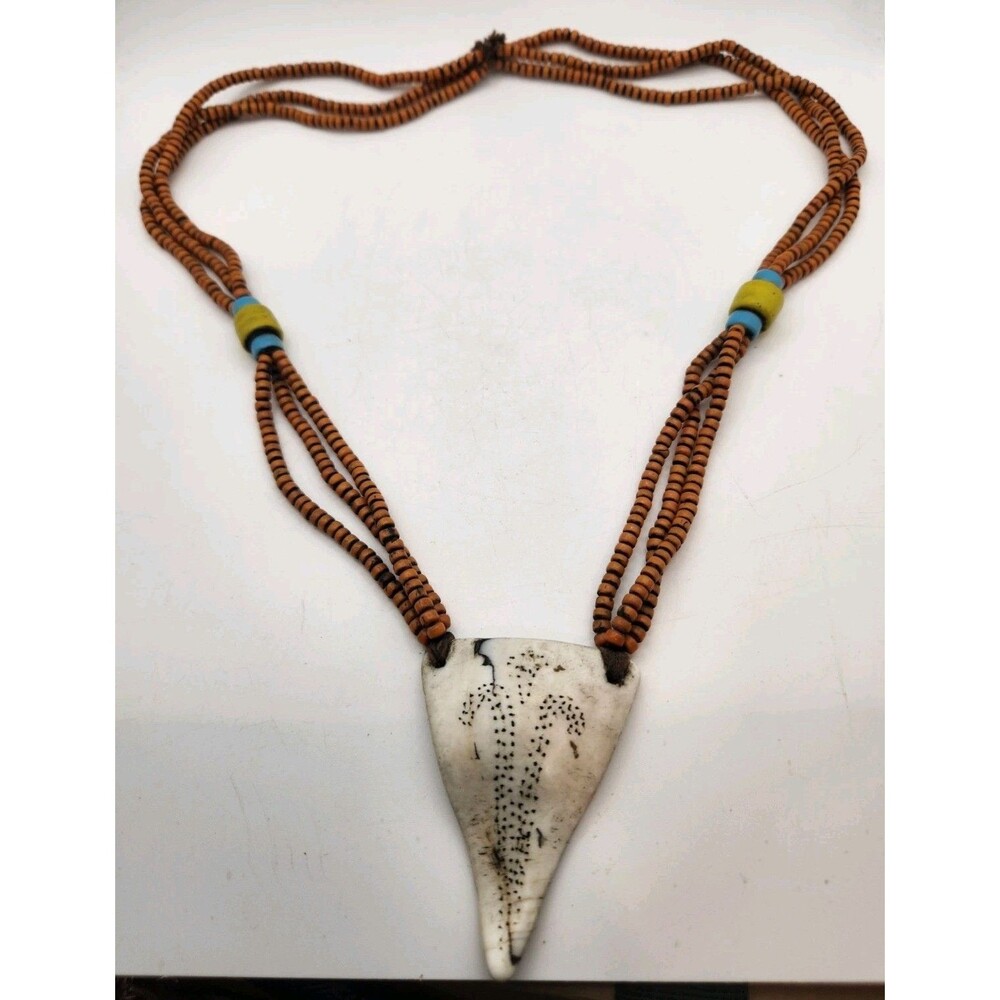 Vintage Naga Tribal Conch Shell Pendant Necklace Nagaland Multi Strand Seed Bead
